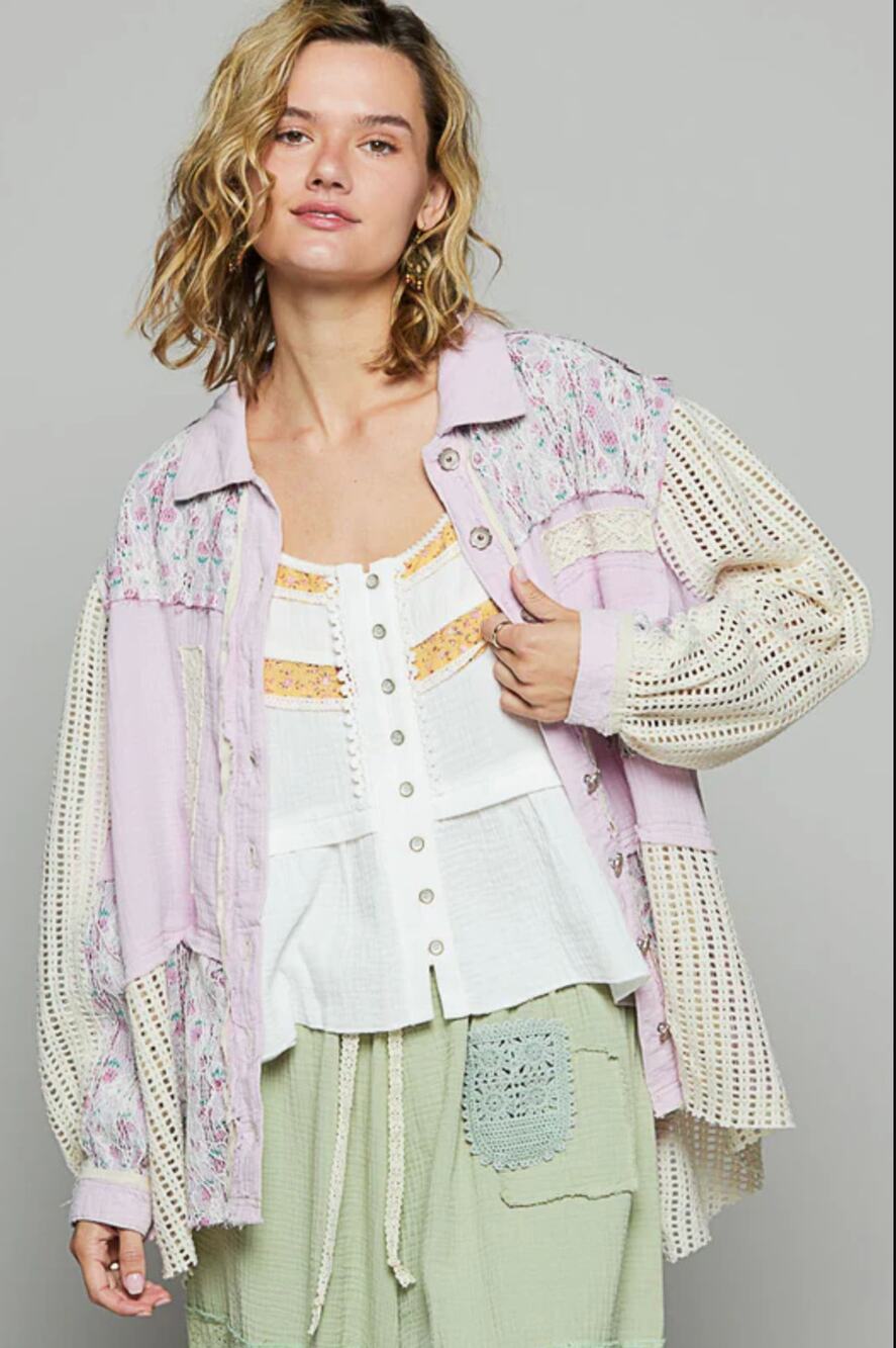 POL Patchwork Oversized Frayed Edge Shacket in Lavender Size S